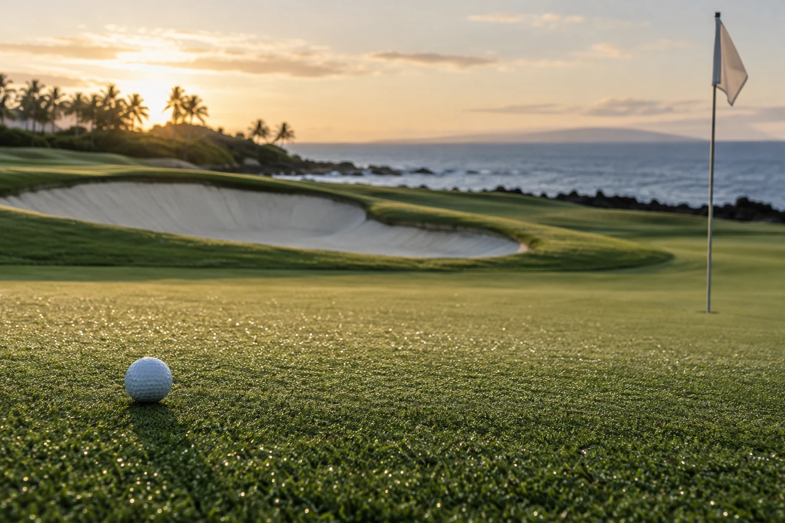 Balle de golf au premier plan d’un green, image d’ambiance